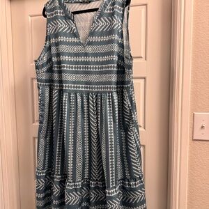 Teal and White Patterned Sleeveless Dress